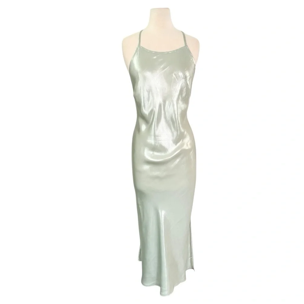 FREE PEOPLE Sunset Shimmer Midi Slip Dress Sage Green Foil NEW Size XL